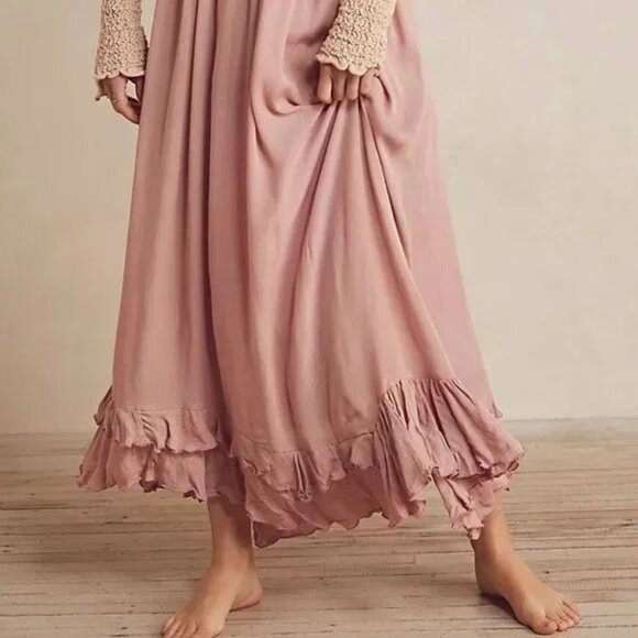 Free People Adella Pink Lace flowy crinkle linen Cottagecore Y2K Maxi Dress - Picture 6 of 16